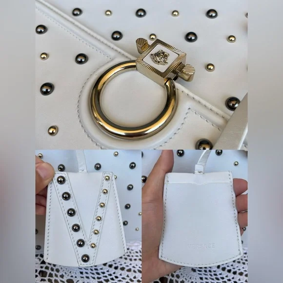 •••SOLD•••Retailed $3550 Versace Calfskin Studded DV Satchel White Bag - Picture 14 of 17
